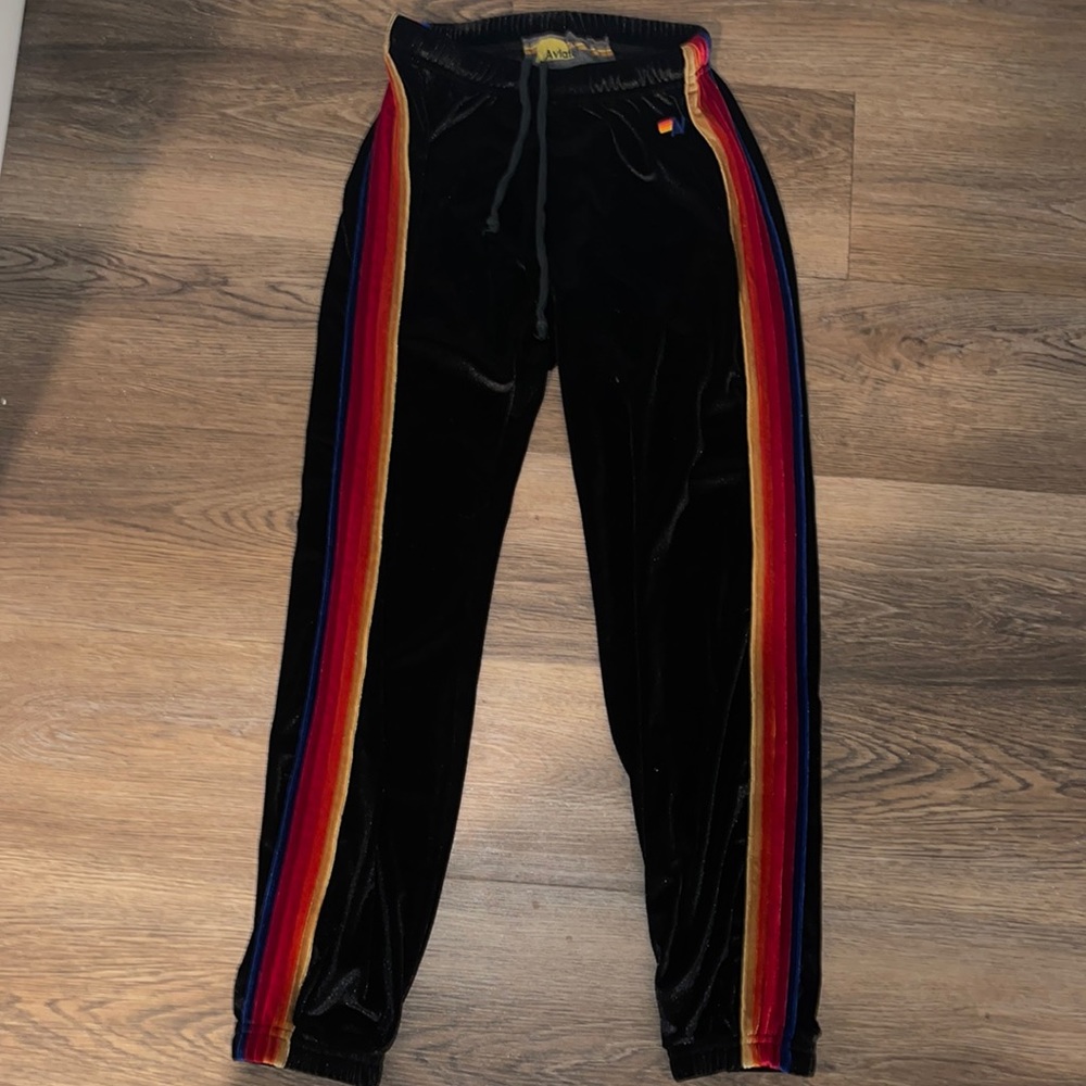 Aviator Nation Black Velvet Track Pants with Rainbow Side Stripes